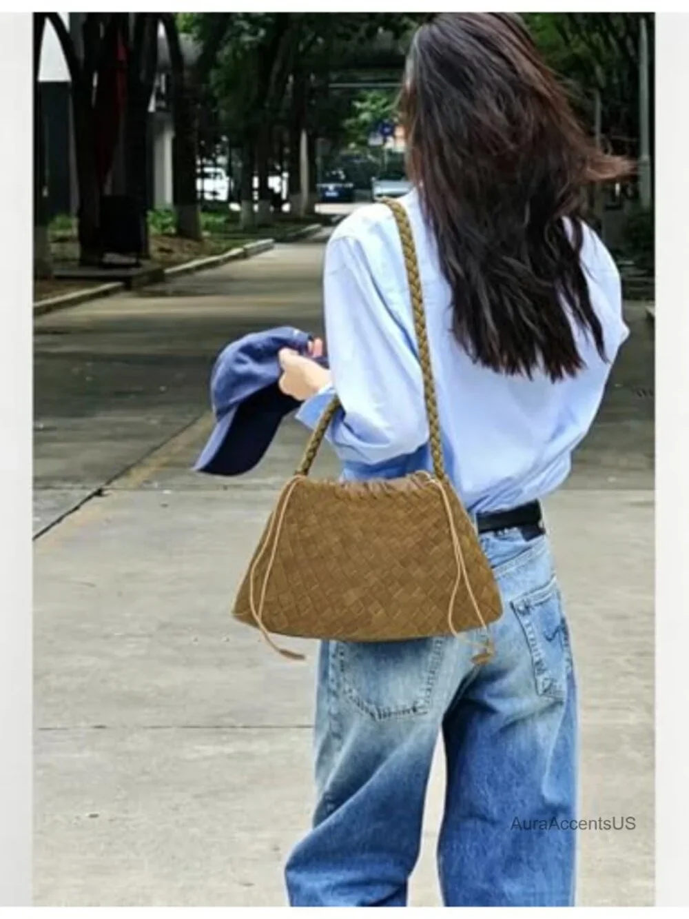 Woven Suede Shoulder Bag Slouchy Hobo Tote Handbag
